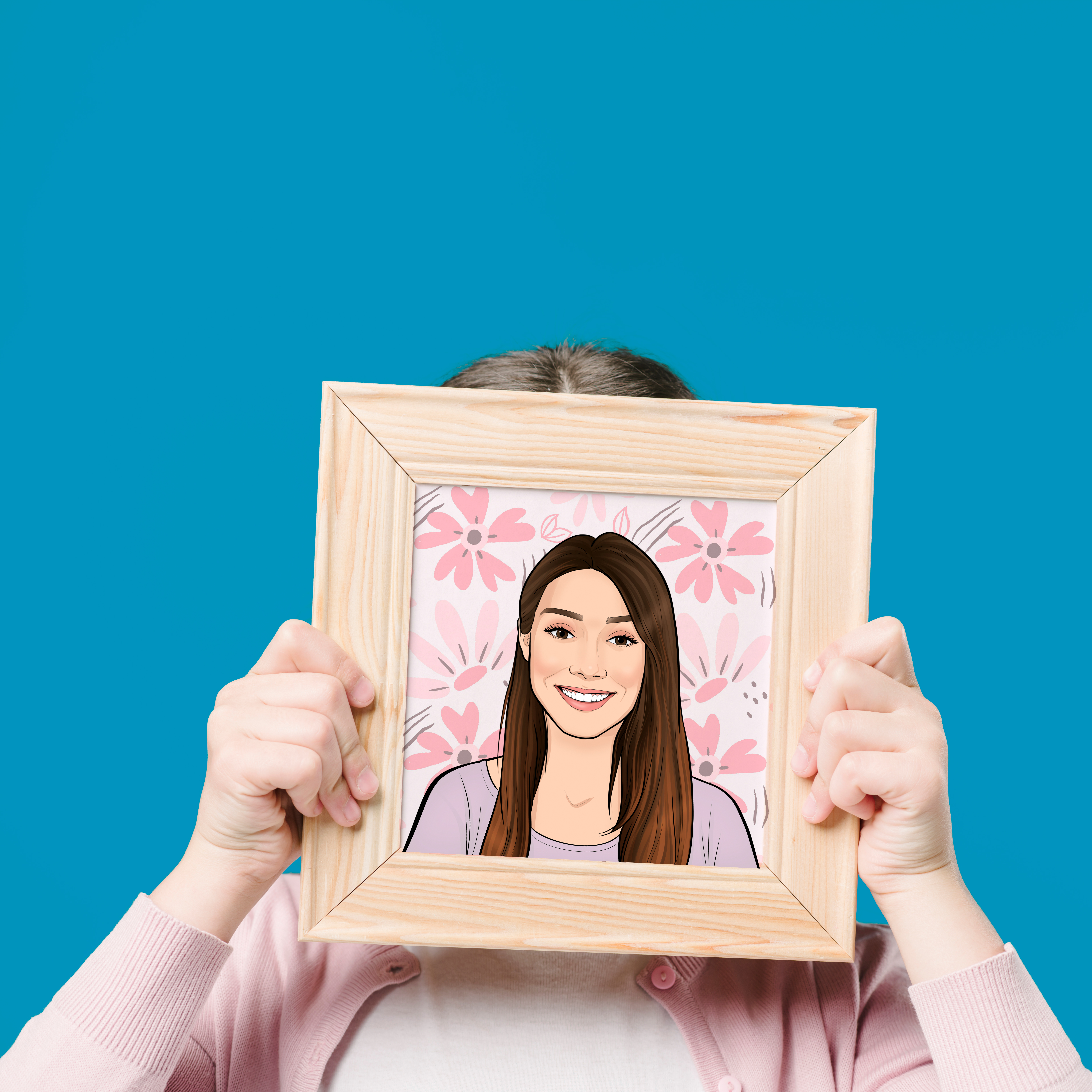 A person holding a framed illustrated portrait in front of their face
